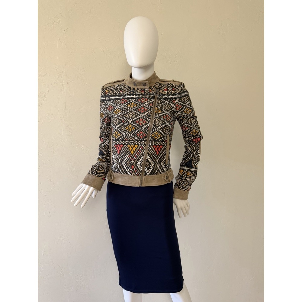 BCBGMAXAZRIA Women's Beige Geometric Collared Epaulette Basic Jacket XS